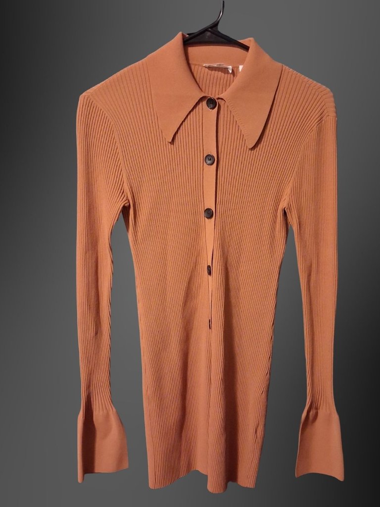 A.L.C. Women's Camel Ribbed Button Front Knit Polo Sweater Size S